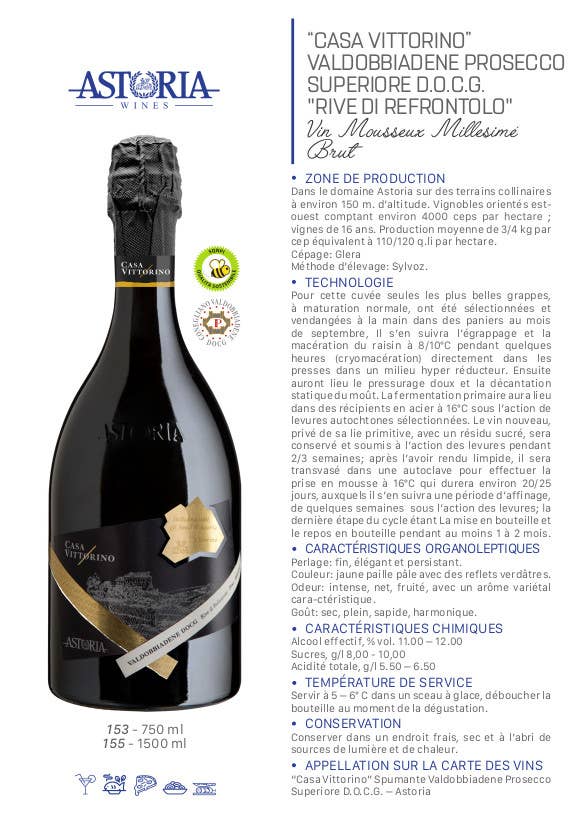 Metina SAS - Venta al por mayor Champán/vino espumoso - Casa Vittorino Mill.to Prosecco Valdobbiadene Astoria 75 cl6