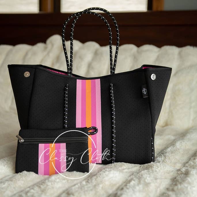 The Classy Cloth WS - Wholesale Beach Bag - Beach Bag - Black w/ Hot Pink & Orange Stripe RTS