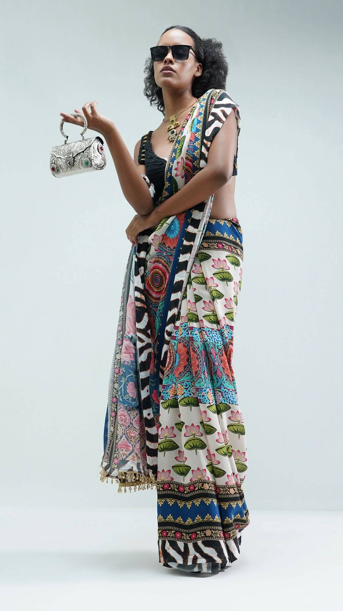 Black Nesavaali Tamarai Pre-Stitched Printed Saree - A Tribute to Tradition for wholesale on Faire2