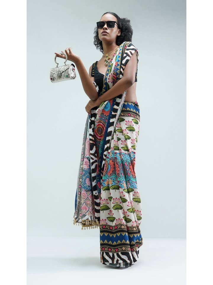 Black Nesavaali Tamarai Pre-Stitched Printed Saree - A Tribute to Tradition for wholesale on Faire2