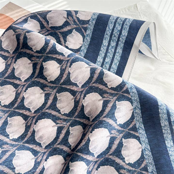 SueSilkHK – wholesale Scarf – Women's – 65cm Blue Lily of the Valley Mulberry Silk Scarf – Elegant Square Silk Shawl for Women, Fresh & Versatile Accessory10