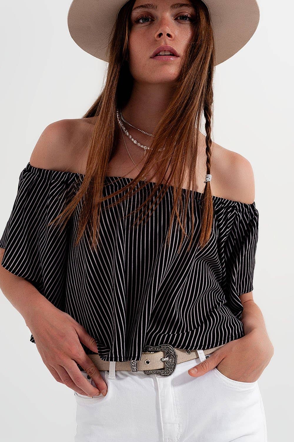 Black Bardot top in stripe for wholesale on Faire
