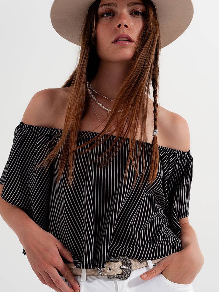 Black Bardot top in stripe for wholesale on Faire0