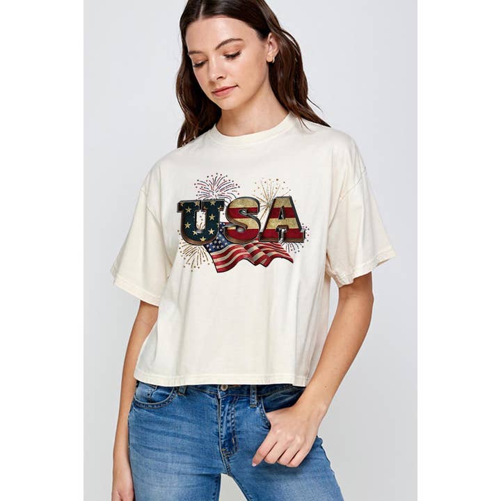 COLORBEAR – wholesale Screen printed t-shirt – Women′s – USA,AMERICAN FLAG RELAXED CROP TOP