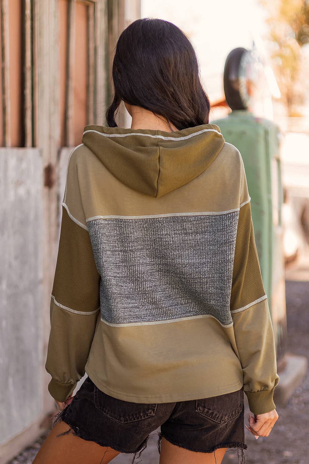 Jungle Green Mixed Texture Exposed Seam Half Button Pullover Sweatshirt for wholesale on Faire1