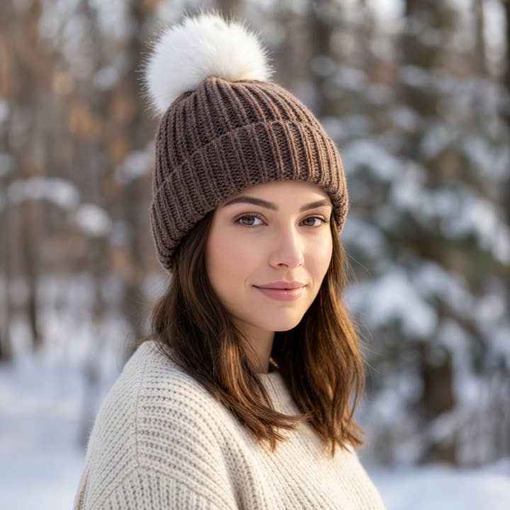 100% Alpaca Pom-Pom Channel Beanie Hat for wholesale by Choice Alpaca Products