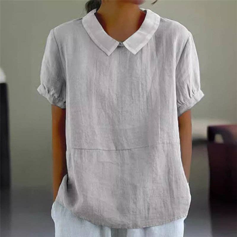 FurDecoration - Wholesale Blouse - Women's - Loose Fit Solid Color Wide Lapel Short Sleeve Shirt3