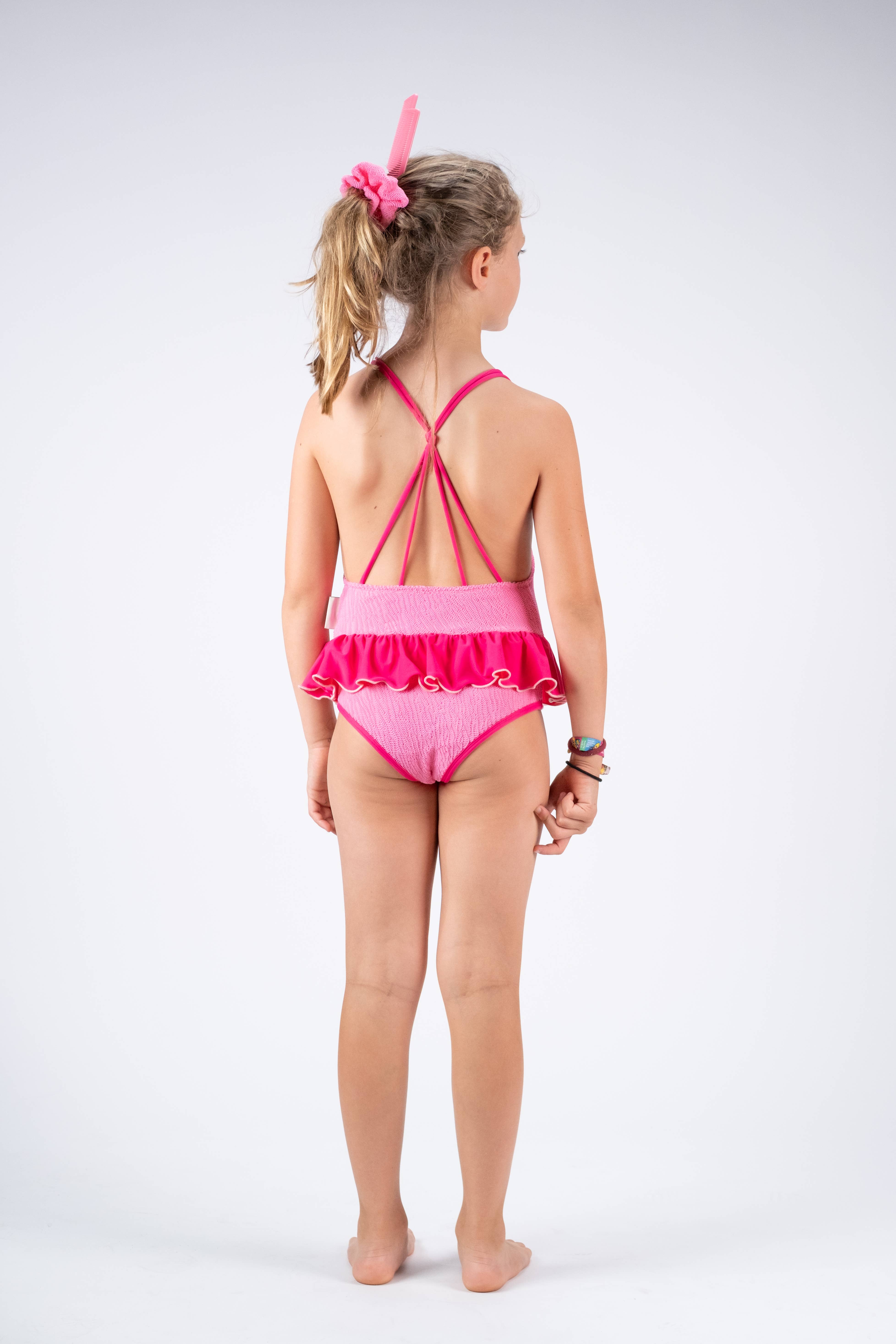 Paperboat - Vendita all'ingrosso Costume intero - Bambini - Costume intero bambina rosa con texture a onde e dettagli fucsia1