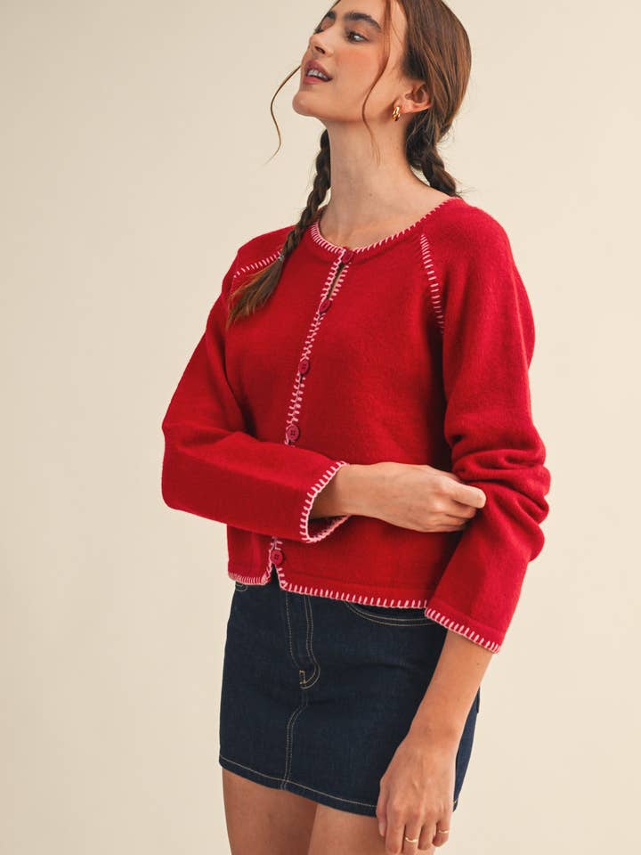 &MERCI - Wholesale Cardigan - Women's - CONTRAST BLANKET STITCH SWEATER CARDIGAN MSW1119633