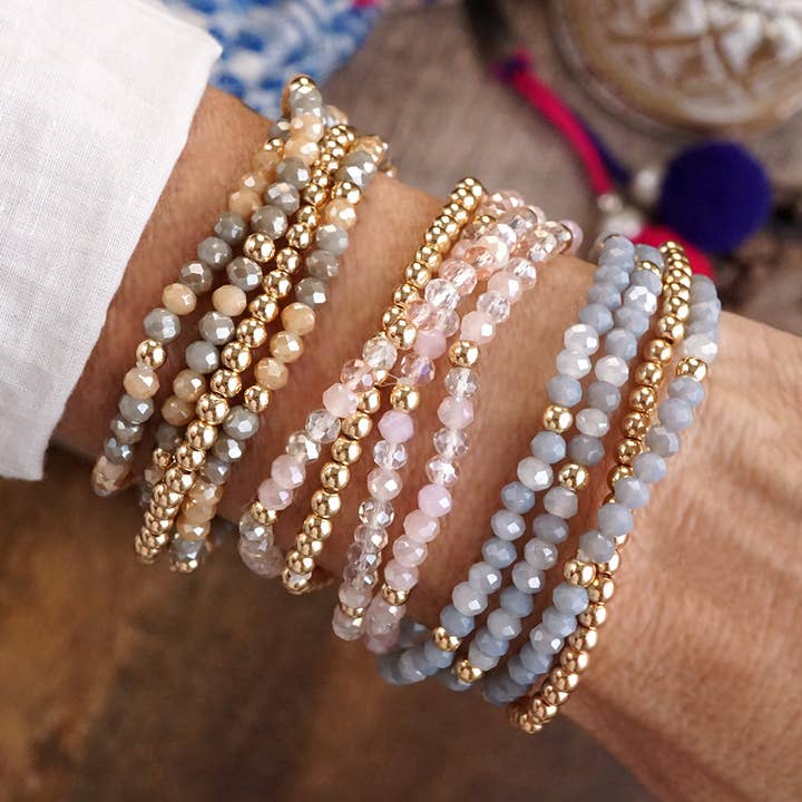 Glass Gleam – Set of 4 Faceted Glass & Gold Bead Stretch Bracelets for wholesale by PennyLine inc