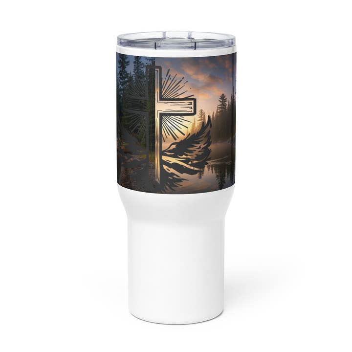 Northwoods Cross Travel mug with a handle for wholesale by Grow Your Faith