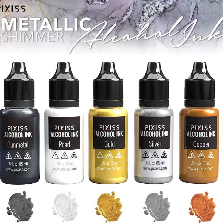 Pixiss – wholesale Craft supplies – PIXISS Metallic Alcohol Inks Set of 5 - Shimmering Colors
