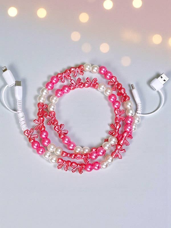 Updated Pearl and Bow Beaded Phone Charger for wholesale by Nash Grey