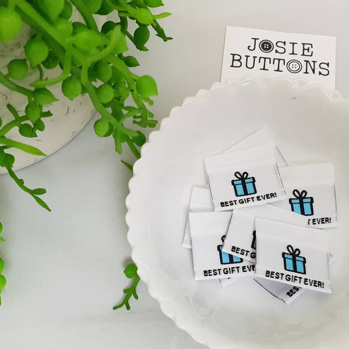 Rubyjam Fabric - Wholesale Craft supplies - Best Gift Ever, blue, Clothing Labels, 10 pk, Josie Buttons