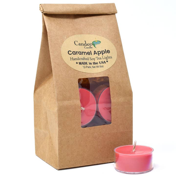 Caramel Apple, Soy Tea Light 12-Pack for wholesale by Candeo Candle