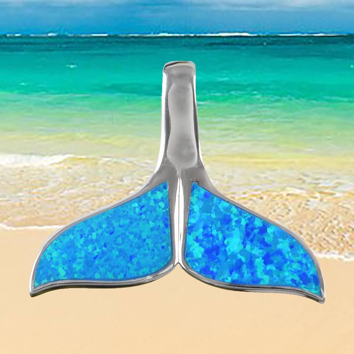 Hawaiian Large Blue Opal Whale Tail Pendant, Sterling Silver Blue Opal Inlay Whale Tail Pendant, Christmas Birthday Mom Gift for wholesale by Paradise Treasures Jewelry