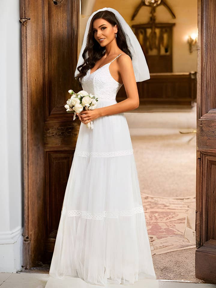 White Spaghetti Straps Mesh Wedding Dress for wholesale on Faire6