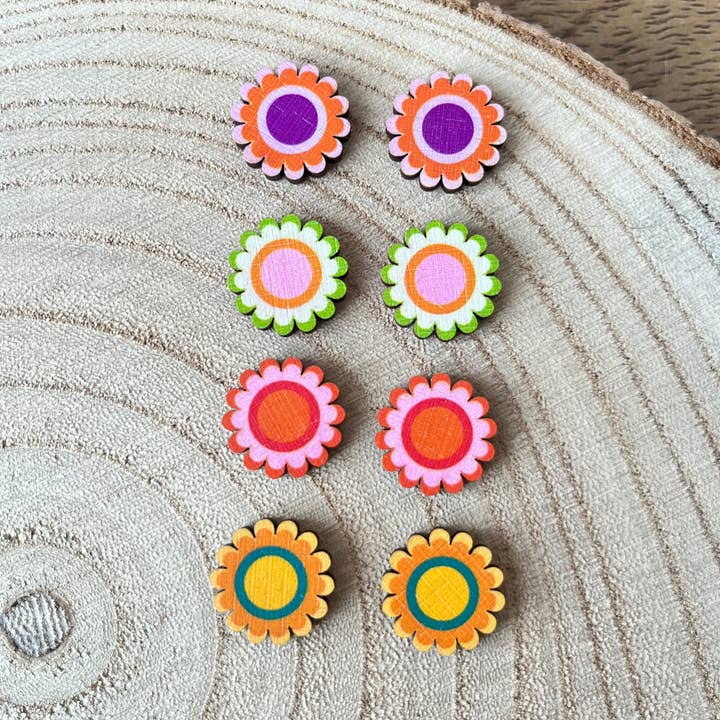 Spring boho daisies ~ mini studs ~ Retro Wooden Earrings for wholesale by Soul and Style
