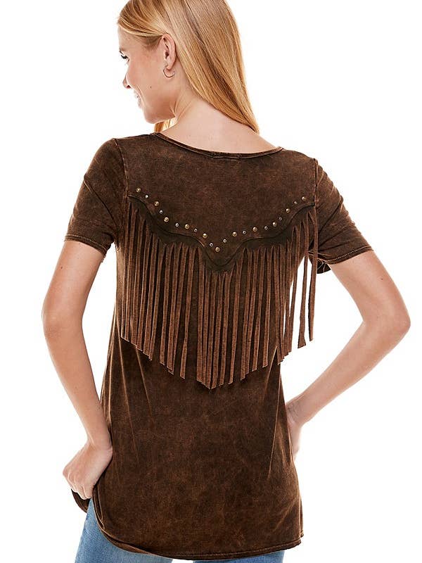 Mineral Wash Bejeweled Fringed Back Short Sleeve Top for wholesale by T-Party