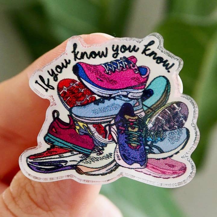 IYKYK Running Shoe Pile Acrylic Pin for wholesale by Bloomin' Loon Co.
