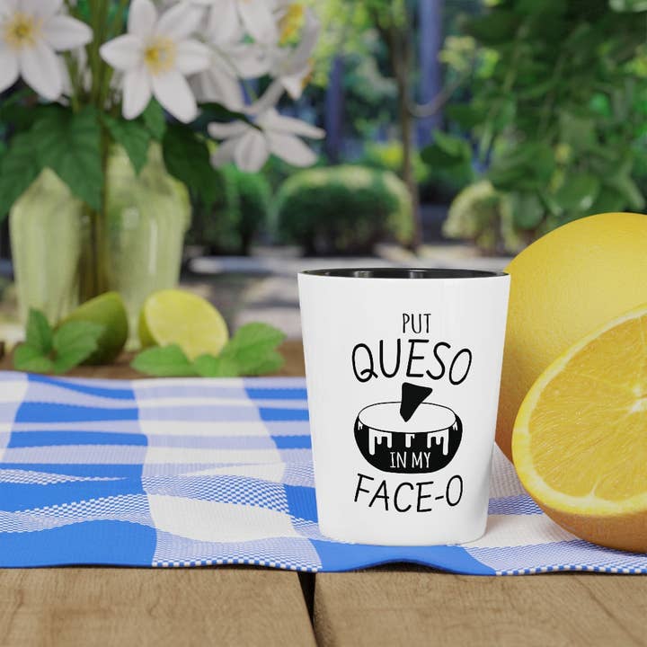 Black Shot Glass Party Ceramic Tequila Humorous Mexican Queso Enthusiasts Food Illustration Puns Hilarious Foods for wholesale on Faire4