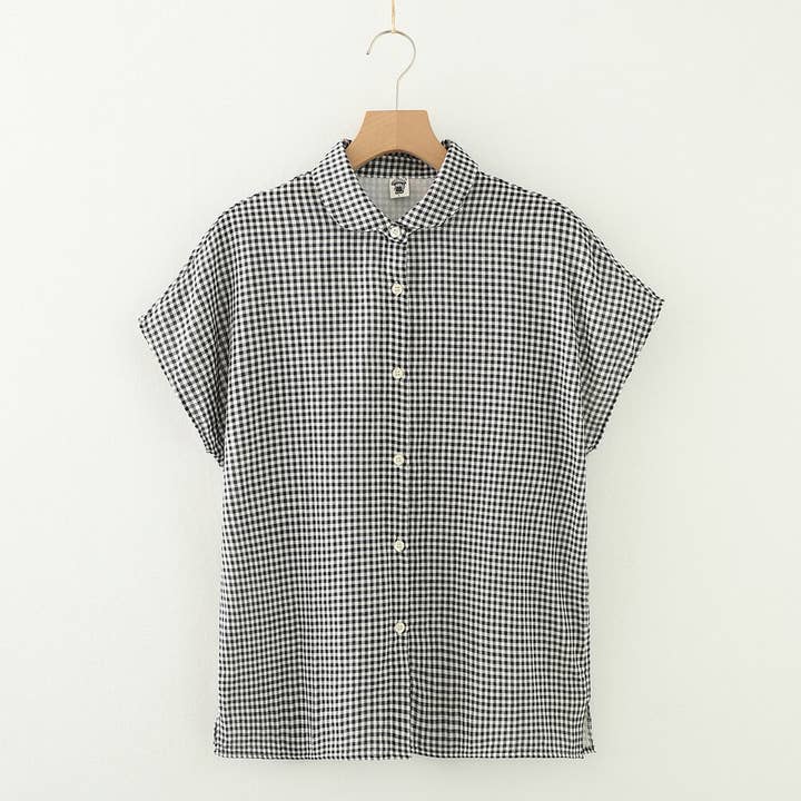 HIDDENBRAND - Wholesale Button Down Shirt - Women's - Gingham Soft Muslin Cotton Button-Down cap sleeve blouse22