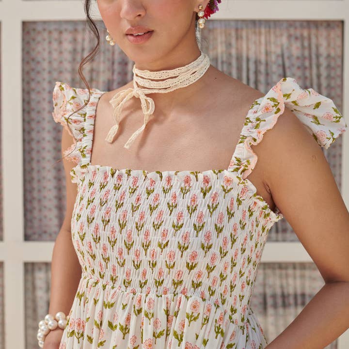 Vestido Maxi | Pêssego/Branco | Vestido com Estampa em Bloco | Vestido Dove por atacado de Echo of Pink