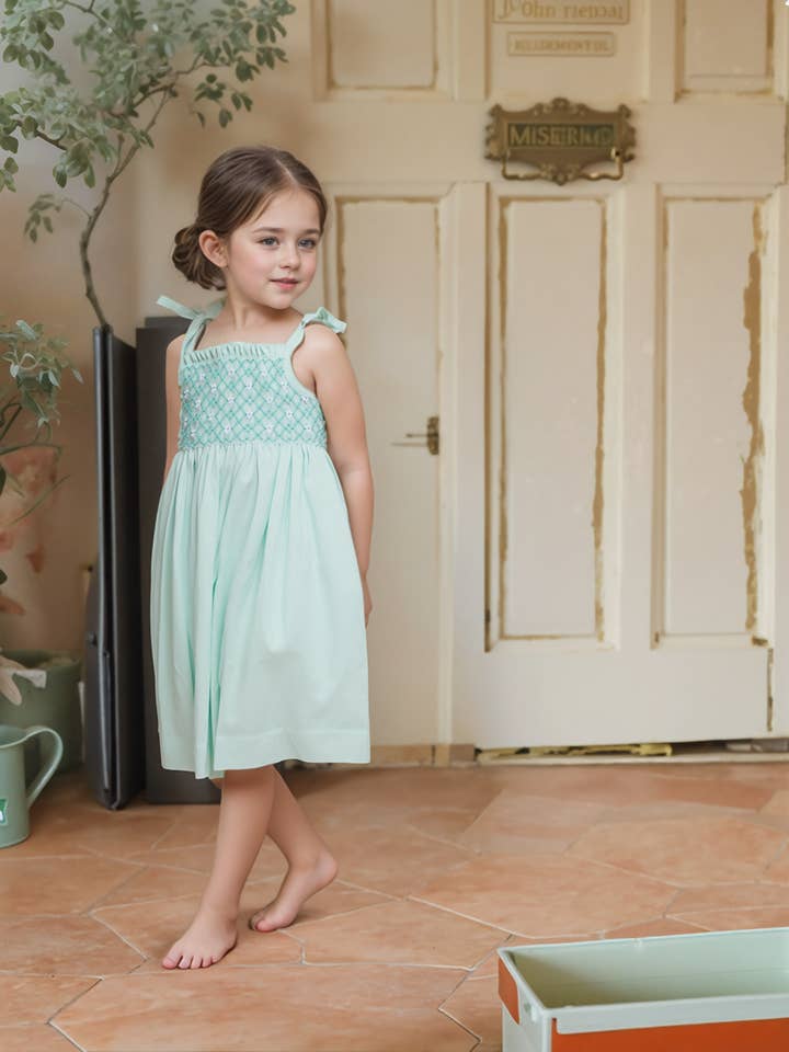 Mint Geometric Smocked with Two Strings Sleeveless Dress for wholesale by Hello Bebes!