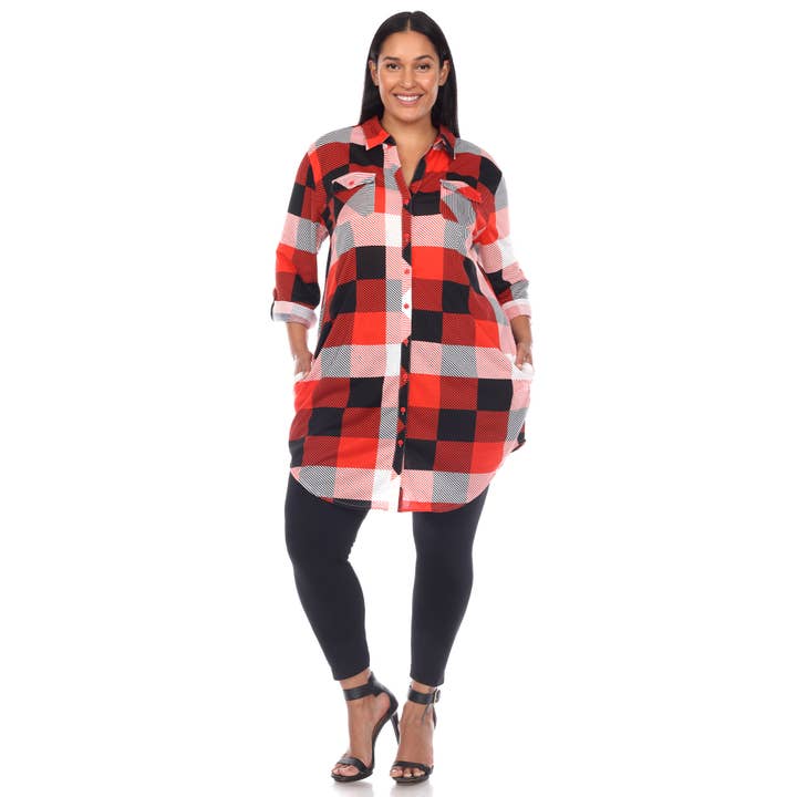WHITE MARK - Wholesale Button Down Shirt - Women's - Plus Size Plaid Tunic Shirt