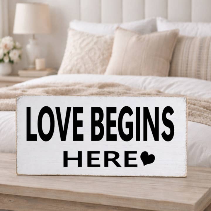 LOVE BEGINS HERE for wholesale by Dudley's Cottage & Gifts