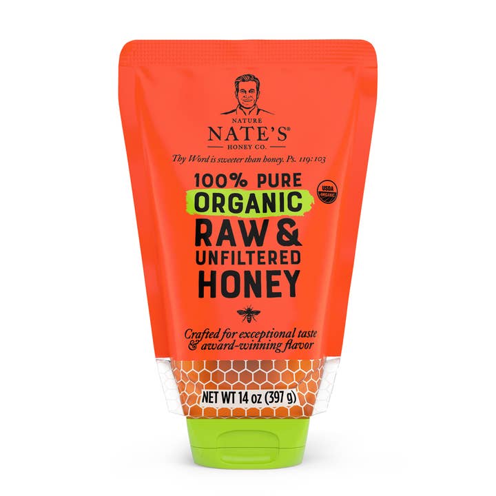 Nature Nate's Raw And Unfiltered Organic Honey Pouch, 14oz for wholesale by Nate's Honey