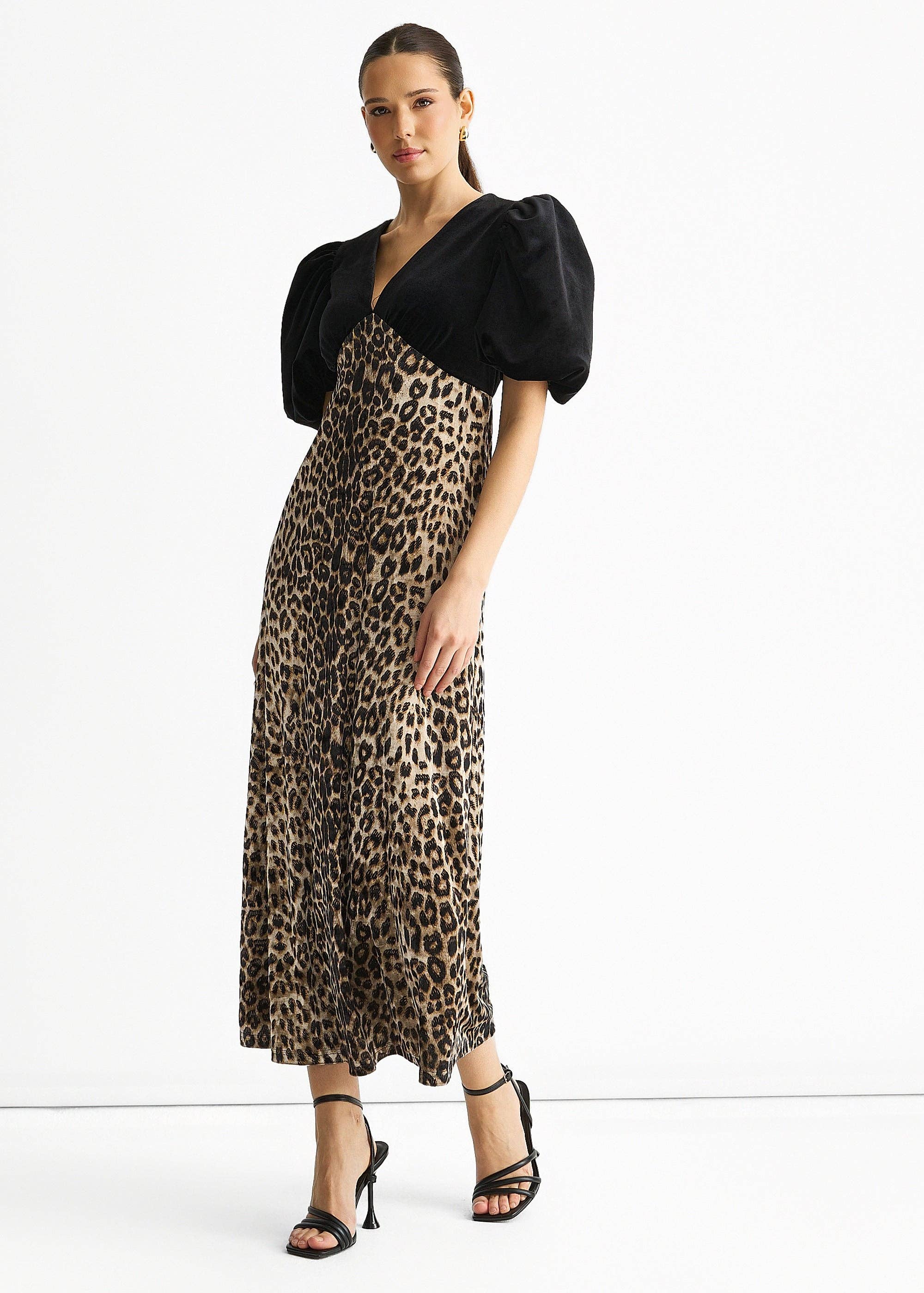 GINI LONDON - Wholesale Dress - Women's - Black Animal Velvet Contrast Top Occasion Midi Dress3