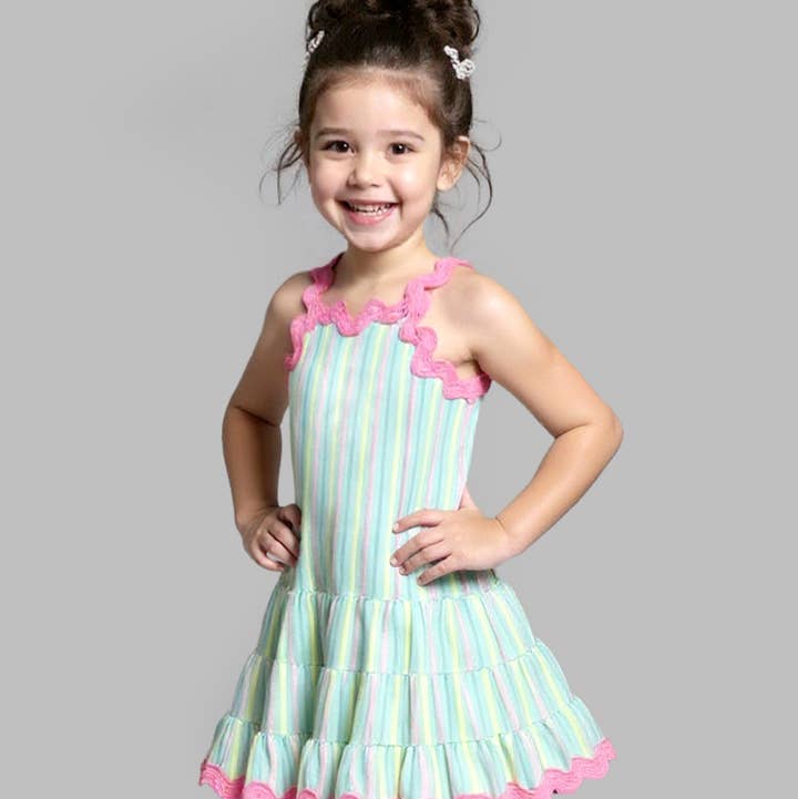 MINT MULTI STRIPE DRESS W/ RIC RAC TRIM for wholesale on Faire1