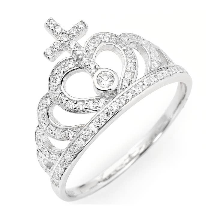 Bague couronne en forme de croix blanche en argent sterling pour la vente par Amen Gioielli