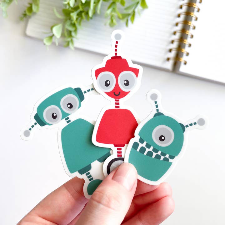 Cute Robot Waterproof Matte Vinyl Sticker for wholesale by Studious Owl Press