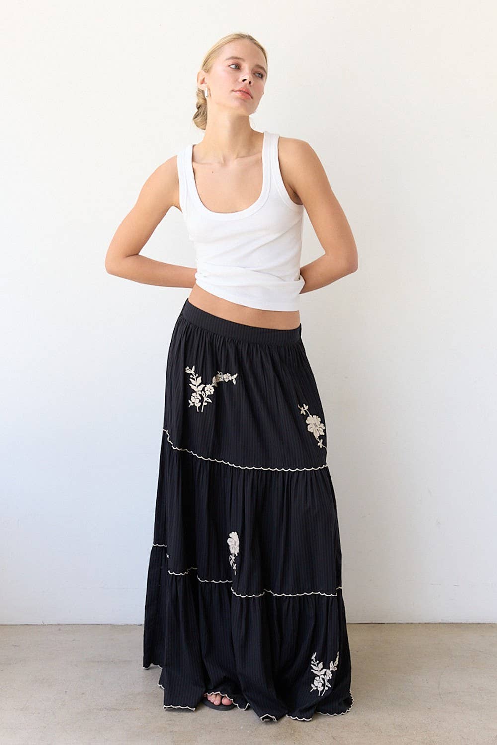 Black Embroidery Tiered Maxi Skirt - RS1032 for wholesale on Faire2