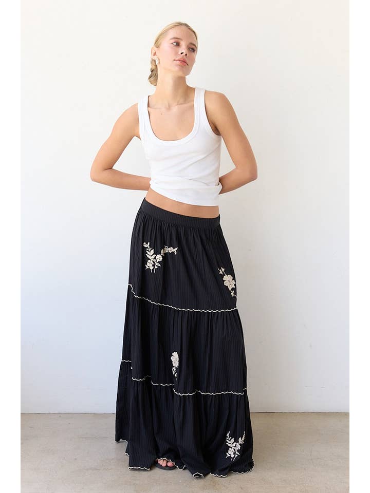 Black Embroidery Tiered Maxi Skirt - RS1032 for wholesale on Faire2