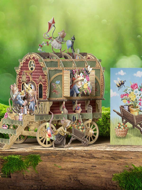 3D POP UP MOUSE CARAVAN GREETING CARD PAPER D'ART for wholesale by Notes & Queries, Inc.