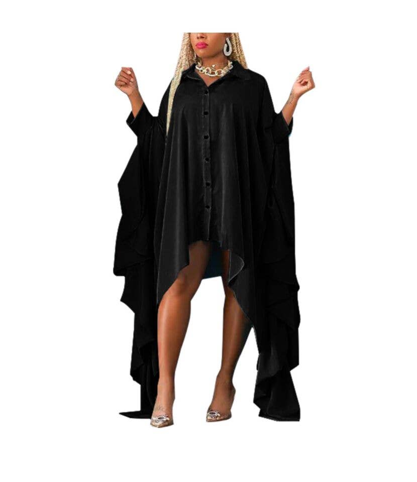 pinkblu02 - Wholesale Dress - Women's - Autumn Solid Color Blouse Irregular Bat Sleeve Dress1