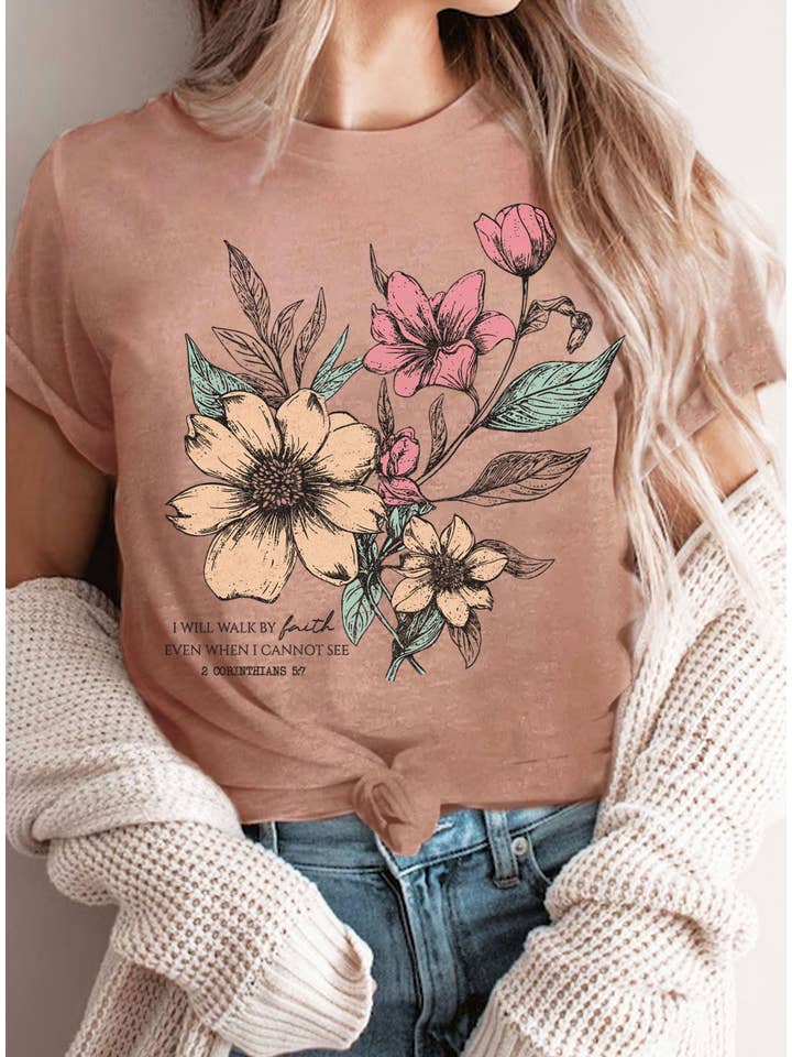 Rustee Clothing - Wholesale Screen Printed T-Shirt - Women's - I WILL WALK FAITH FLORAL GRAPHIC TSHIRTS 5