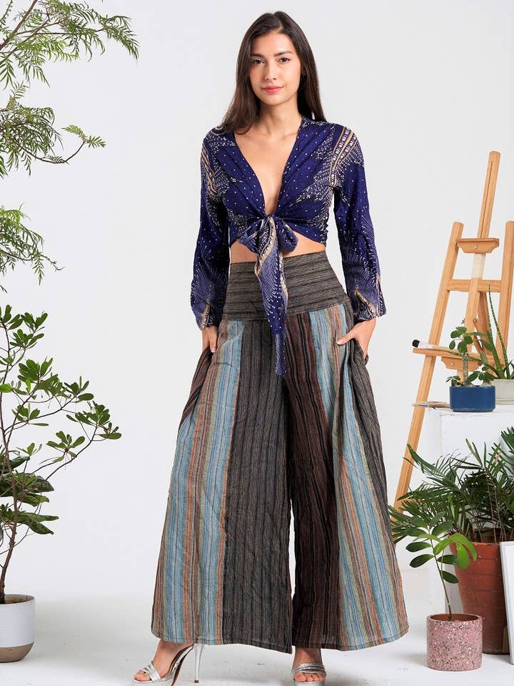 Pantaloni a gamba larga con elastico in vita multicolore (KT-1403) per la vendita all'ingrosso da parte di Kathmandu Imports