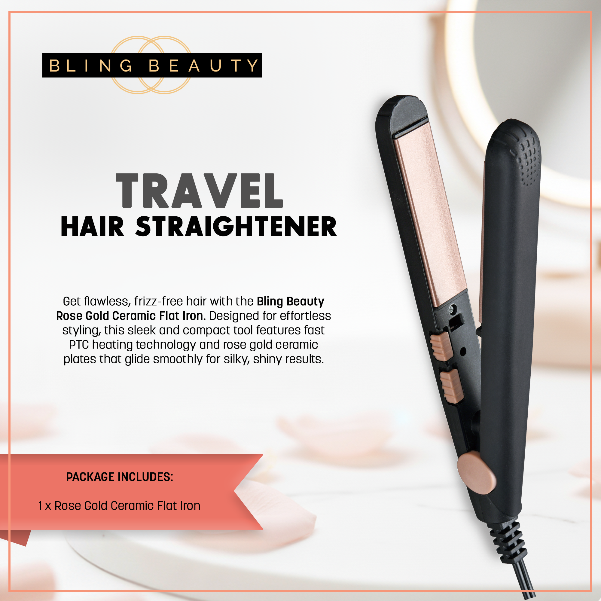 Bling Beauty - Wholesale Straightener/Flat Iron - Bling Beauty Rose Gold Ceramic Travel Hair Straightener2
