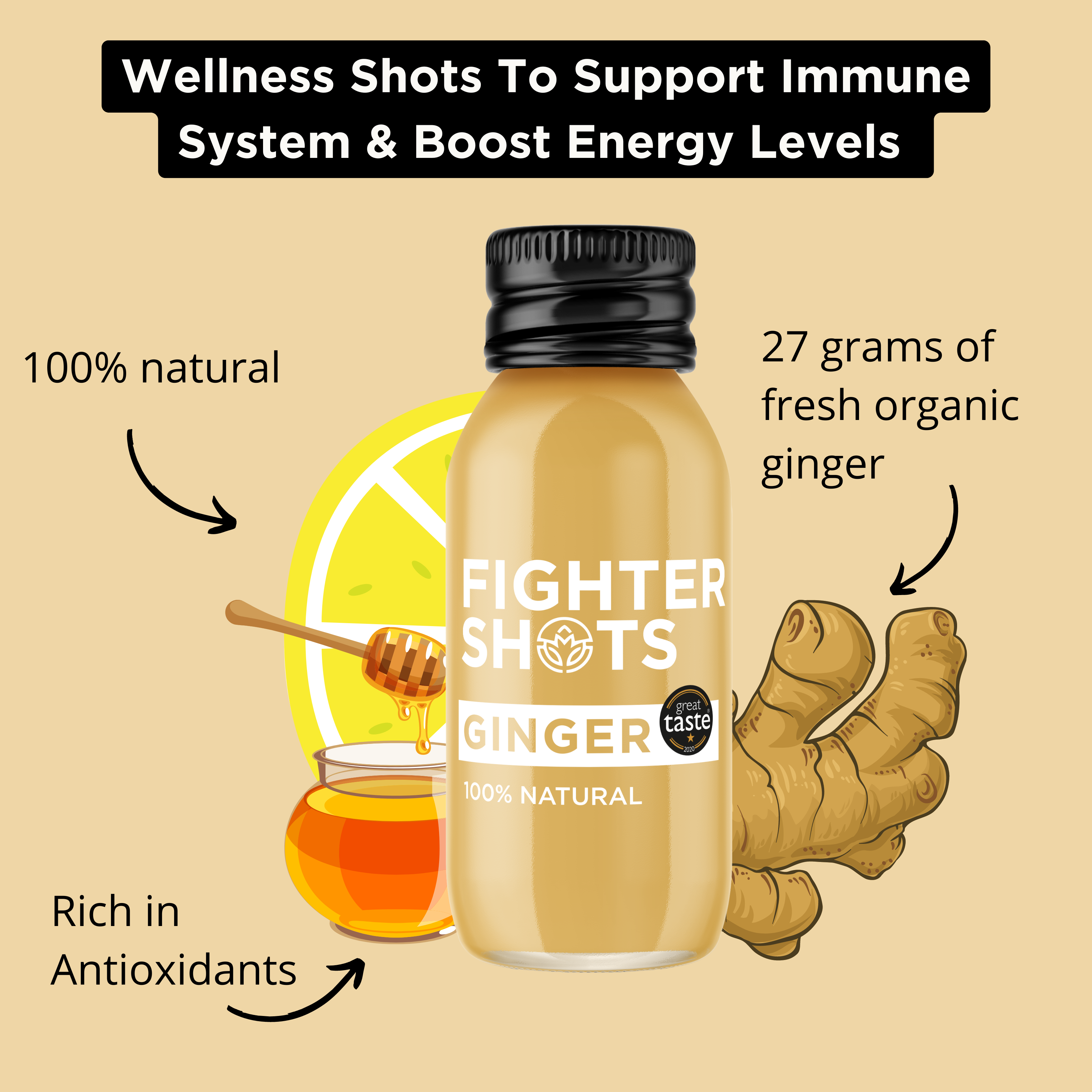 Fighter Shots - Wholesale Wellness Juice/Tonic - Ginger - organic cold pressed ginger, glass bottle, 12x60ml6