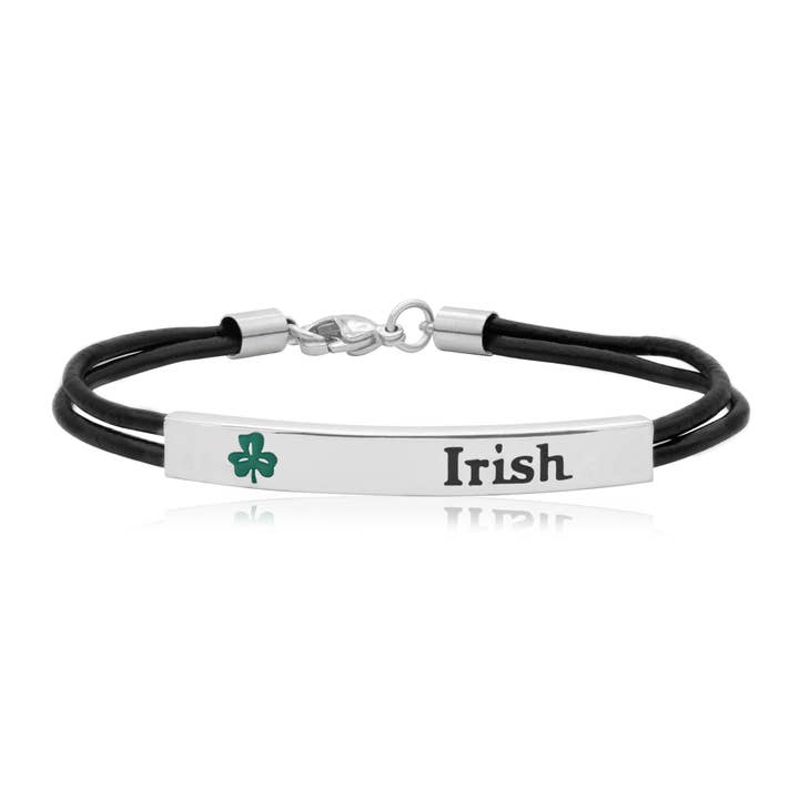 Black Leatherette Cord Bracelet with Shamrock and Engraved for wholesale by Joyful Sentiments