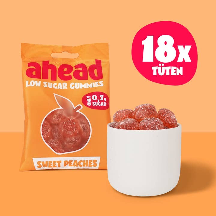 Gommose di Pesche Succose - Basso Zucchero (Vassoio 18x50g) per la vendita all'ingrosso da parte di ahead