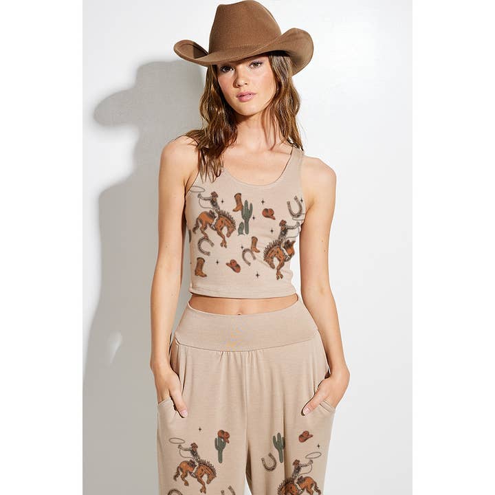 Cowboy print crop tank top and maximized pants set for wholesale by Phil Love