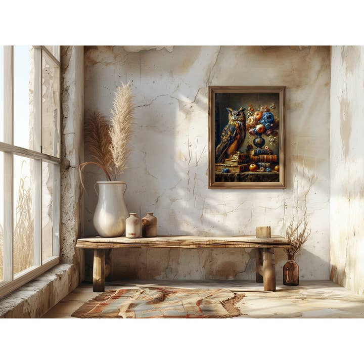 Salty Alyce - Wholesale Art Print - Vintage Blue and Gold Gothic Owl Wall Decor 136RD