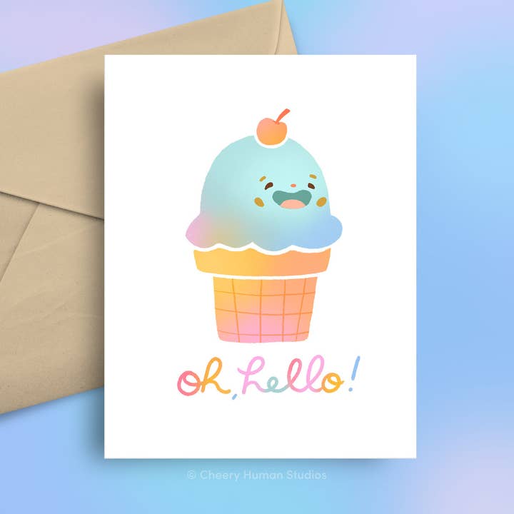 Oh, Bonjour ! Crème Glacée - Carte de Vœux | Pensant à Toi pour la vente par Cheery Human Studios