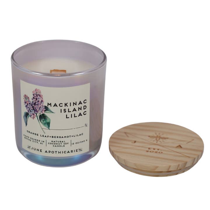 June Apothicarie - Wholesale Jar/Filled Candle - Mackinac Island Lilac 12 oz Glass Wooden Wick Candle