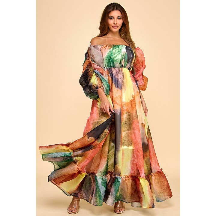 Plus Size Off The Shoulder Balloon Drawstring Maxi Dress for wholesale by omgstyles